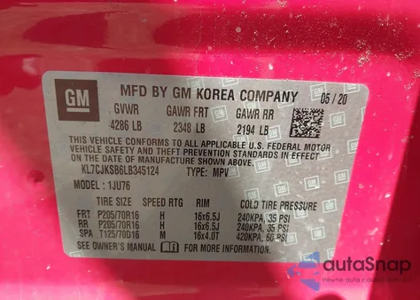 2020 Chevrolet Trax Fwd Ls z USA, uszkodzony, nr VIN KL7CJKSB6LB345124